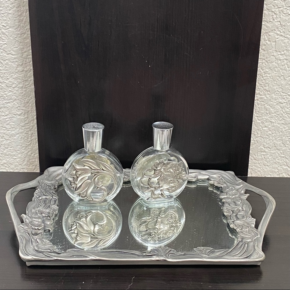 Vintage 1988 SEAGULL Pewter Canada Floral Ornate Vanity Tray Perfume Bottle Set